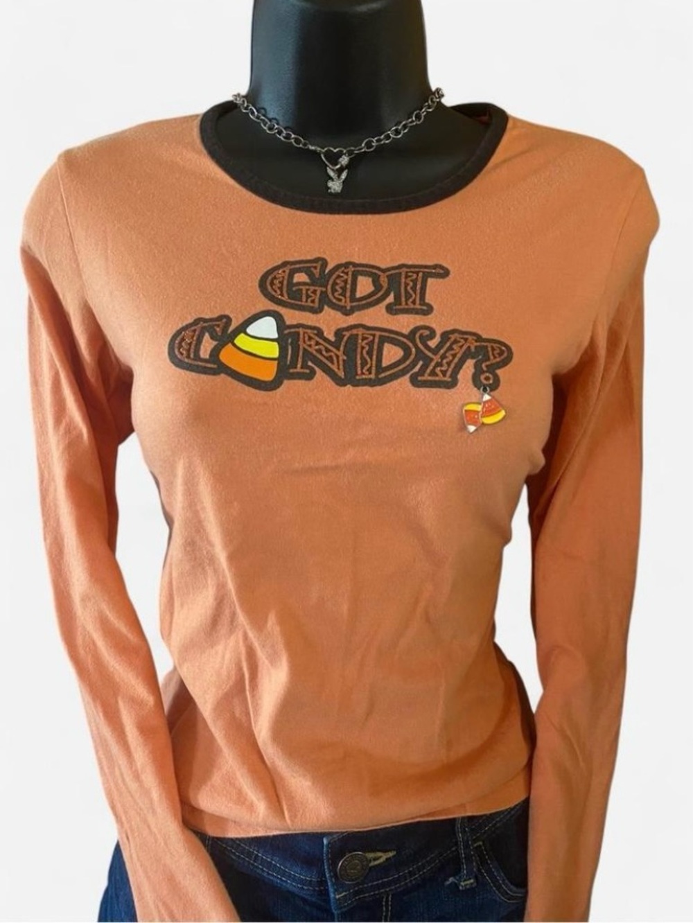 Y2k Halloween Orange & Black ‘Got Candy?” Candy Corn Graphic Long-sleeve